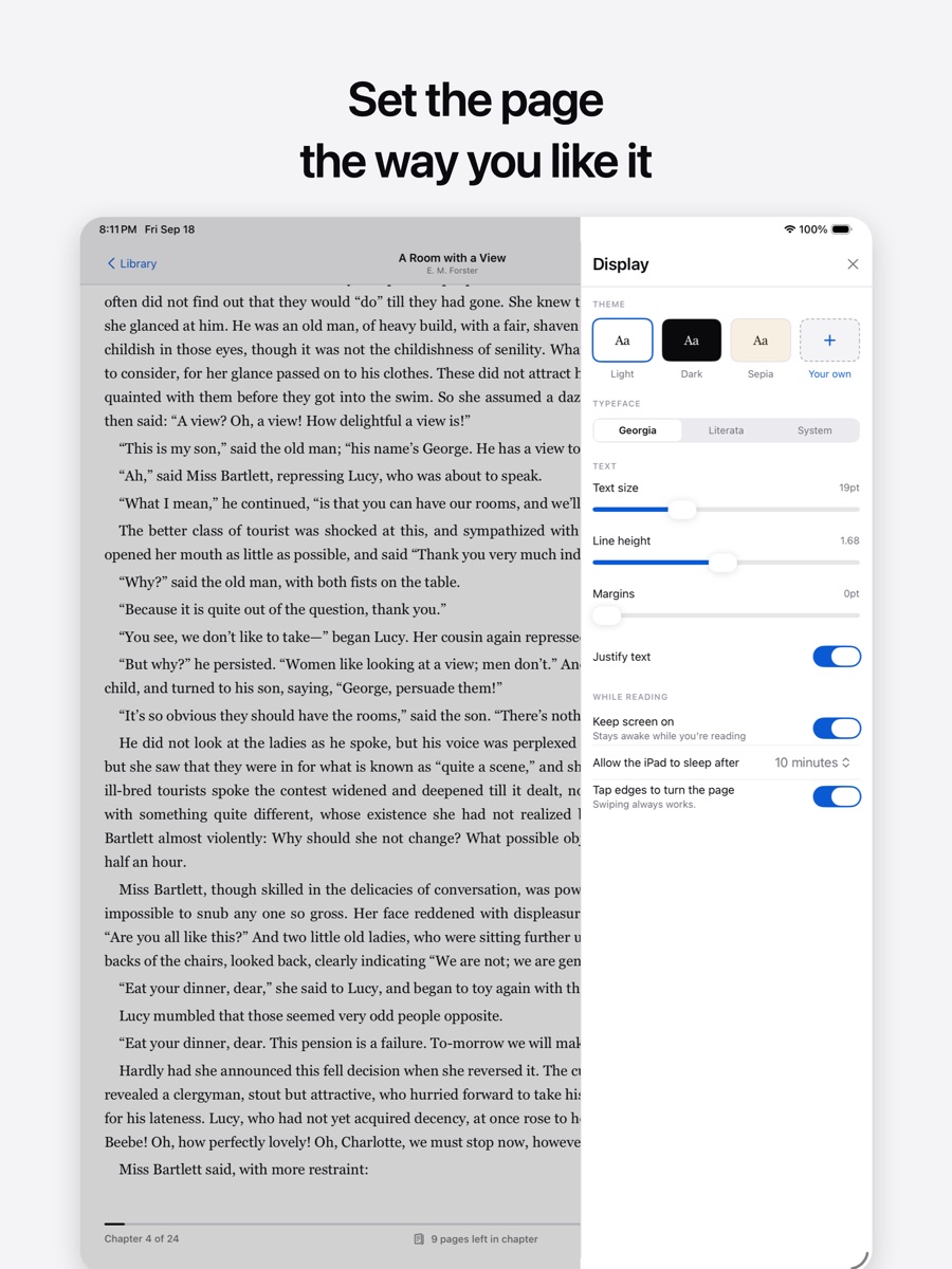 The display settings panel over a page of text.